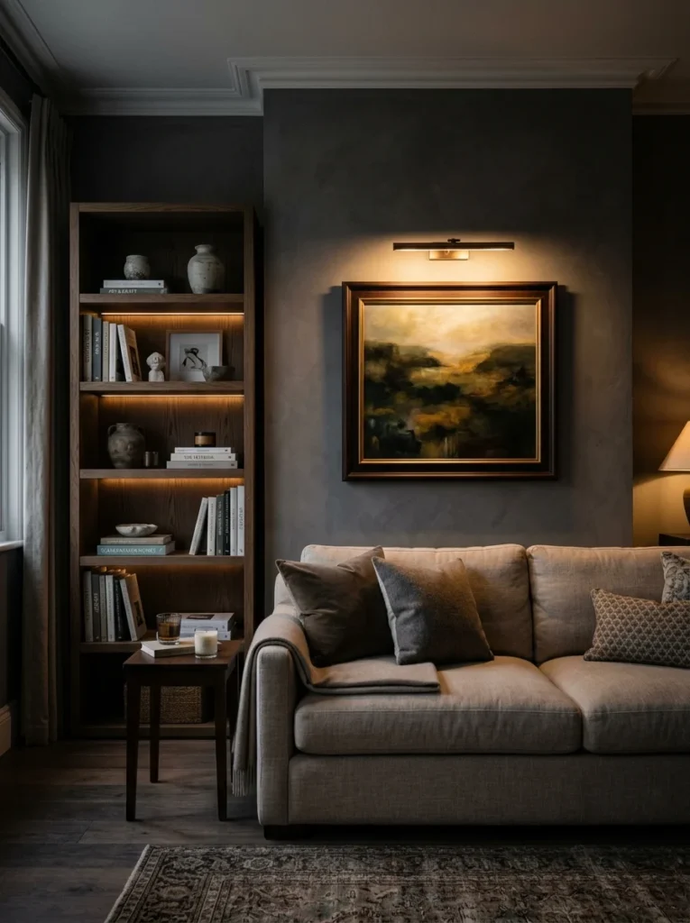 Accent lighting highlighting framed artwork in a softly lit living room.