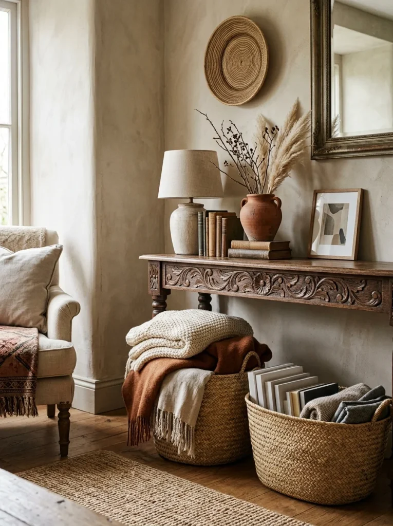 Handwoven baskets used for stylish home storage.
