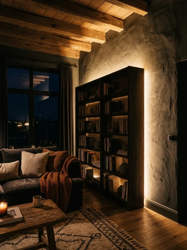 Hidden uplight behind a bookshelf creating dramatic warm light on the wall.