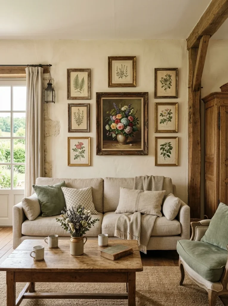 Vintage botanical prints decorating the walls of a French country living room.