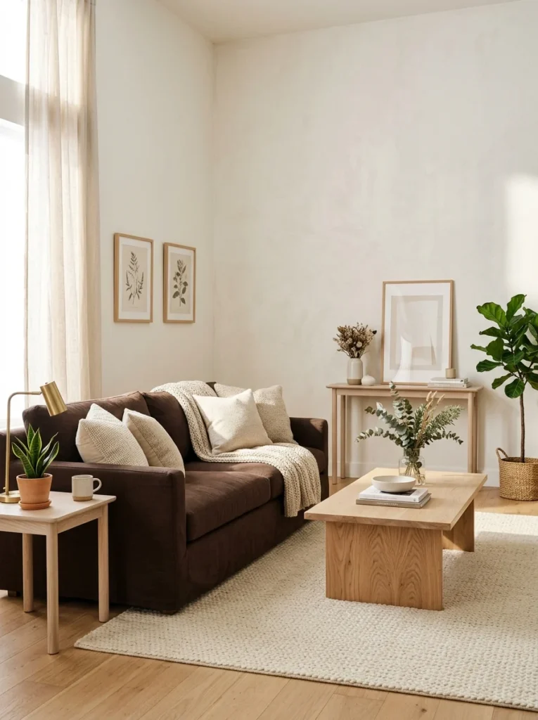 Light natural wood furniture paired with a dark brown couch.