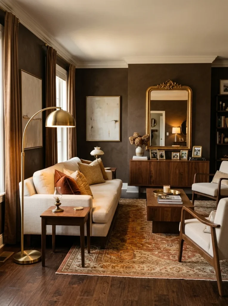 Brass accents adding warmth to a brown living room.