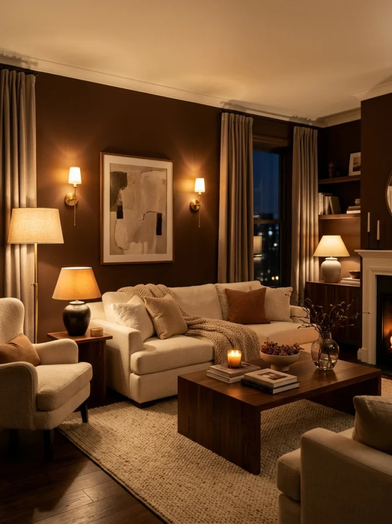 Layered lighting creating warmth in a brown living room.