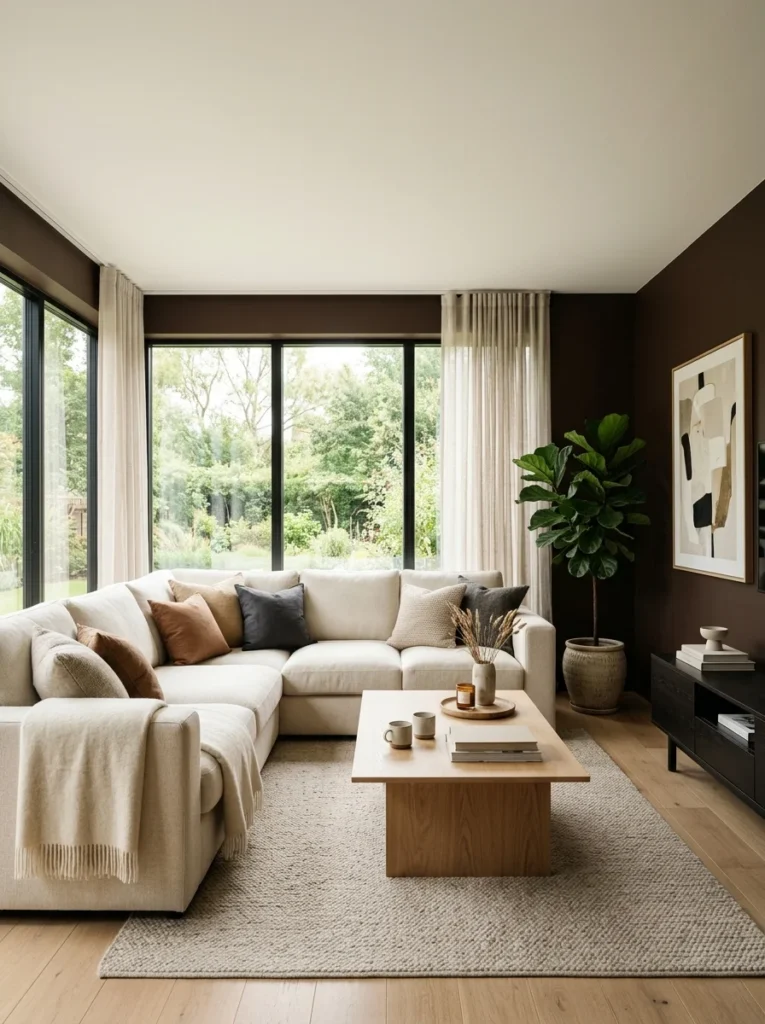Brown walls with a warm white ceiling creating visual balance.