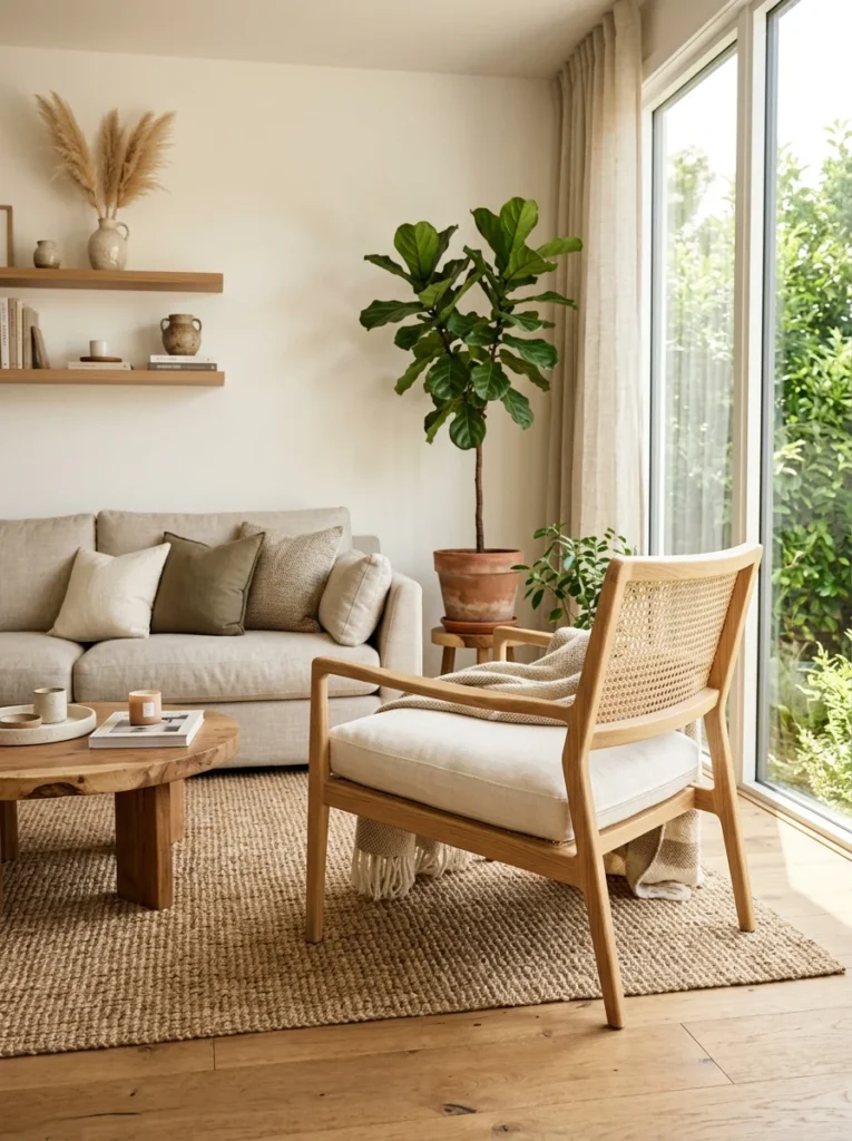 Cane-backed chair adding natural woven texture to a modern living room.