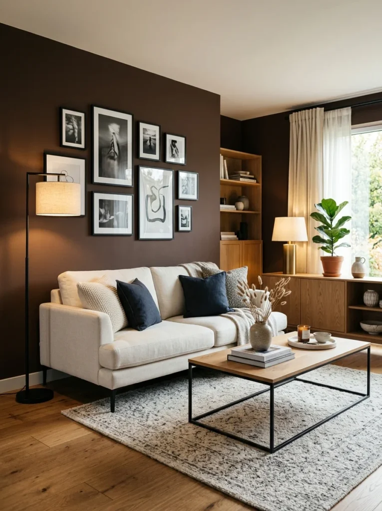 Small black accents balancing brown walls.