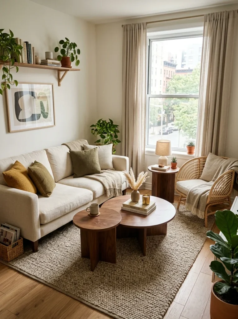 Round coffee table paired with two smaller movable side tables in a living room.