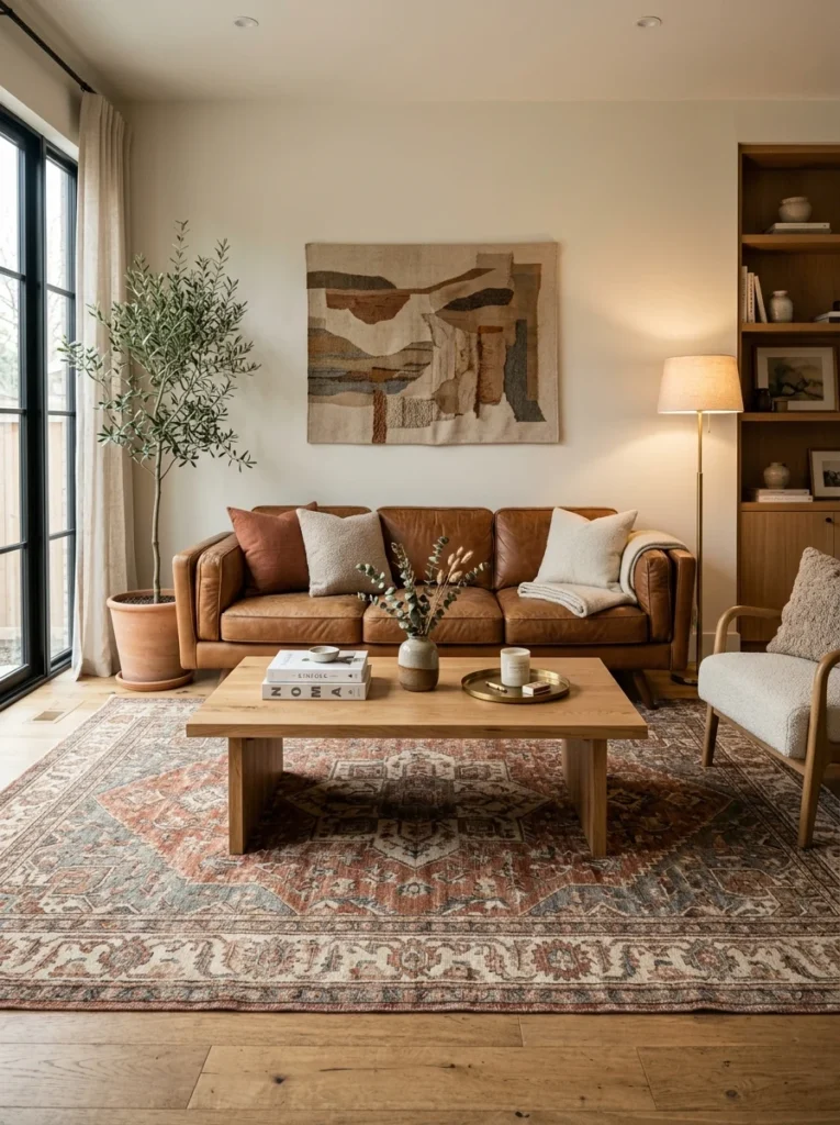 Cognac leather sofa paired with a warm terracotta and cream rug.