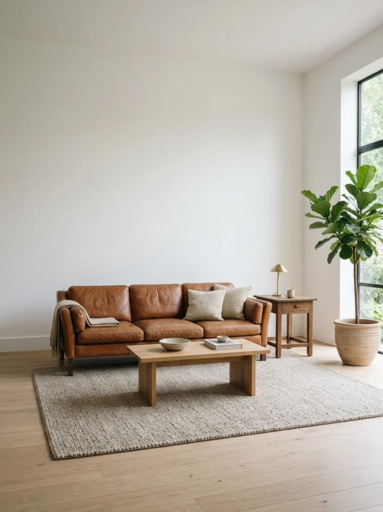 Leather sofa with open space and balanced furniture placement.