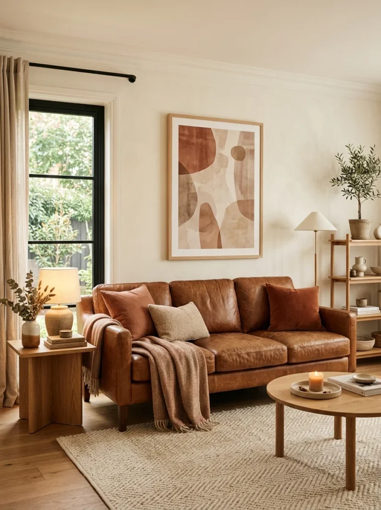 Leather sofa styled with a tall leafy indoor plant.