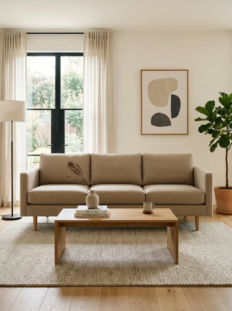 Modern sofa with visible tapered wooden legs and open floor space underneath.
