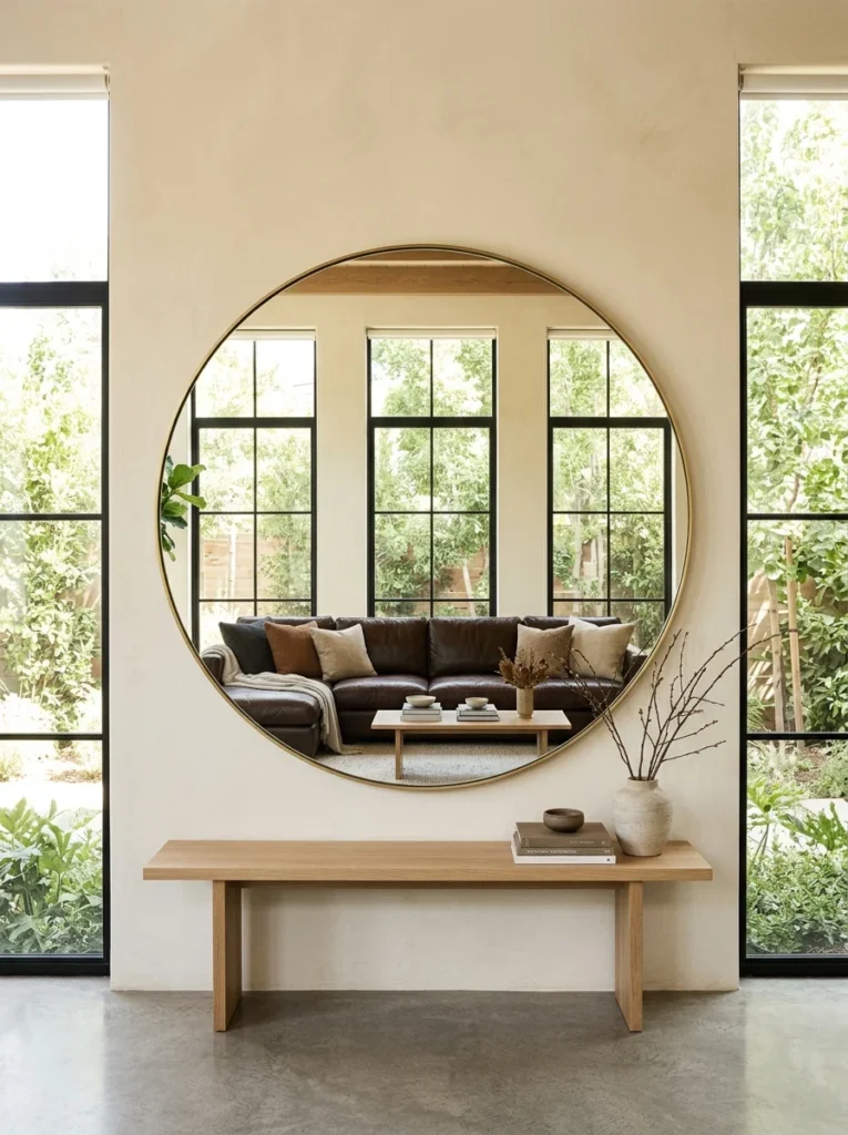 Large round mirror reflecting natural light across from a dark brown couch.