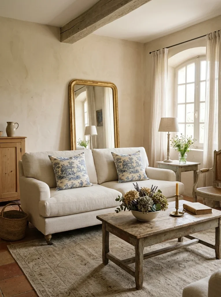 Neutral French country sofa styled with two classic toile accent pillows.