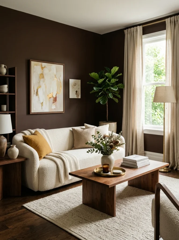 Warm chocolate brown walls creating a cozy modern living room.