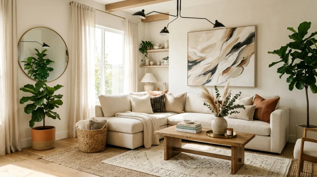 Bright modern living room refreshed with layered decor, greenery, artwork, and cozy textures.