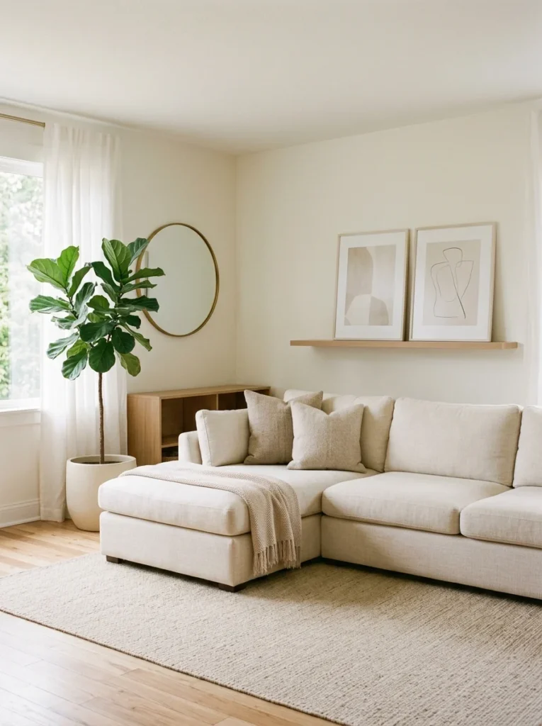 Decluttered modern living room with organized decor.