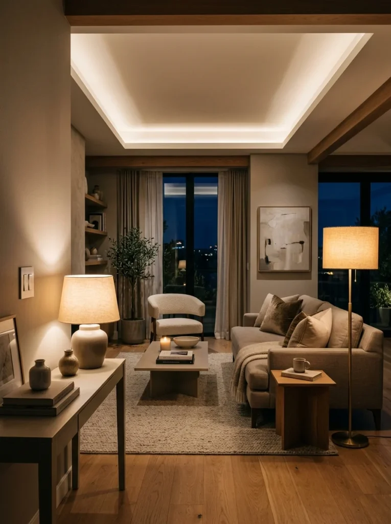 Living room with dimmed overhead lighting layered with warm table and floor lamps.