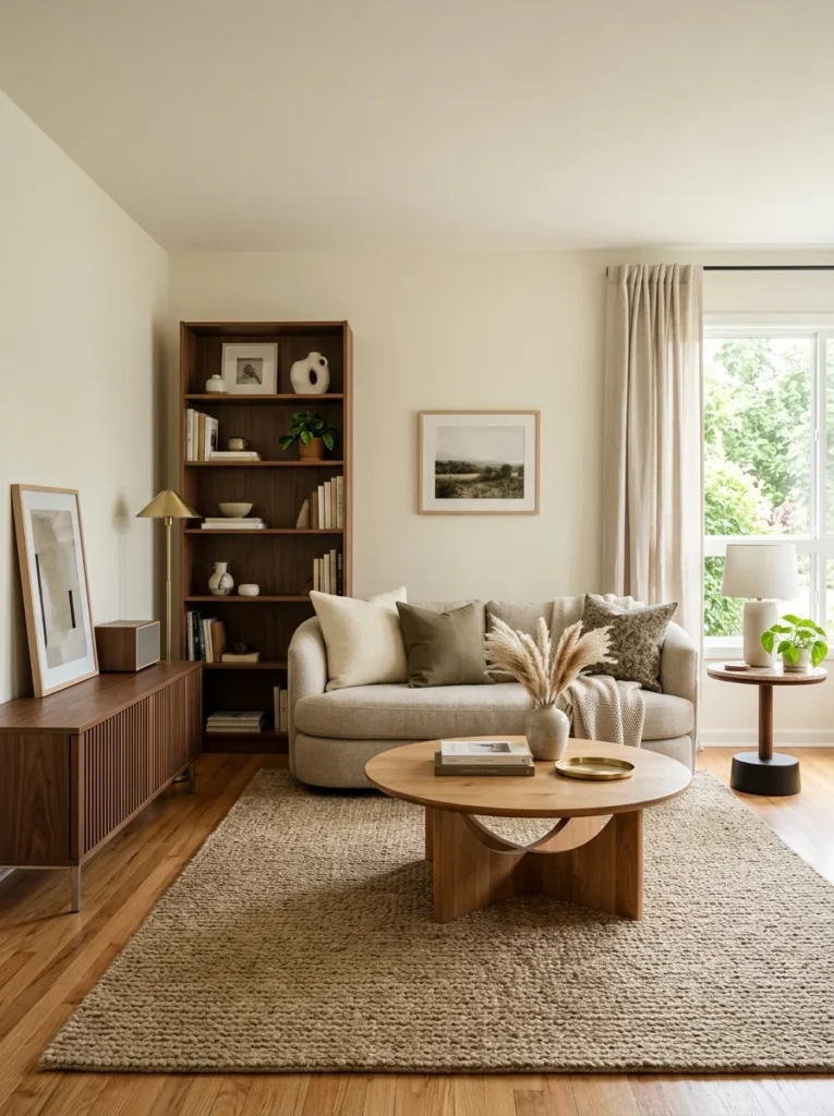 Living room balancing round tables with rectangular furniture for softness and structure.