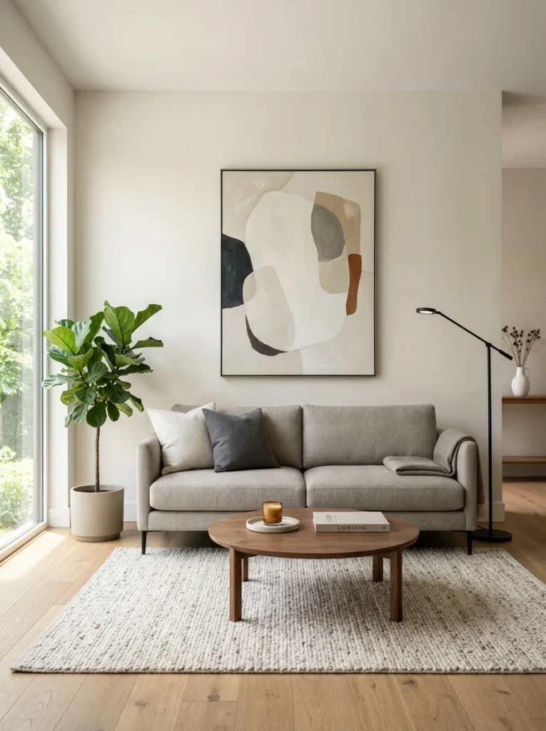 Modern sofa anchoring a carefully edited and clutter-free living room.