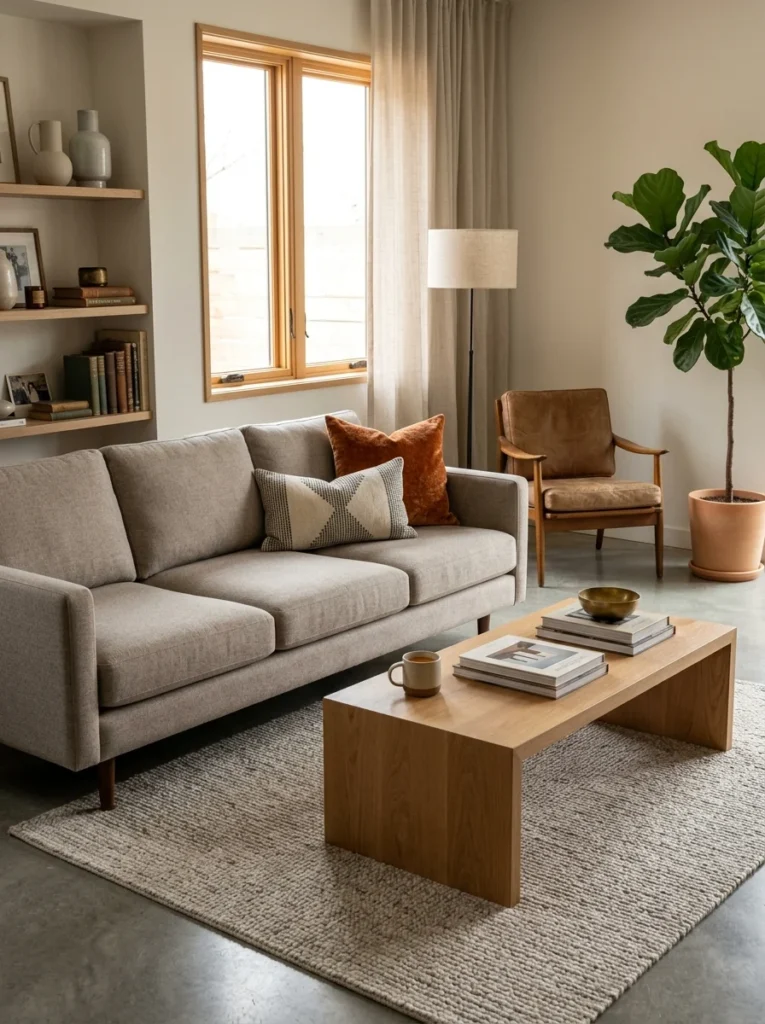 Modern sofa with simple decor updates creating a refreshed living room.