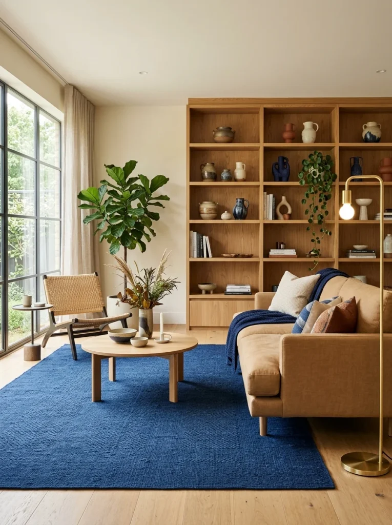 Deep indigo blue carpet anchoring a contemporary living room.