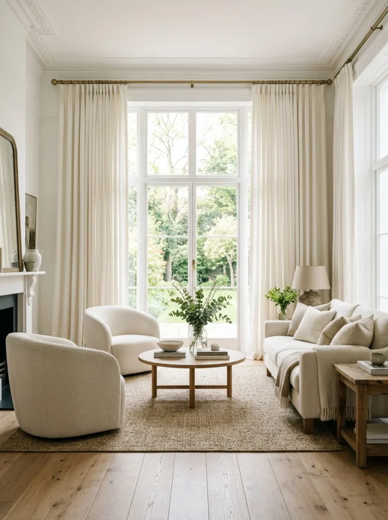 Floor-to-ceiling linen curtains making ceilings appear taller.