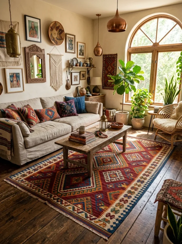 Handmade kilim rug adding color to a bohemian living room.