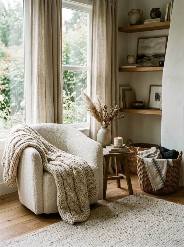 Mixed textures adding warmth to a living room.