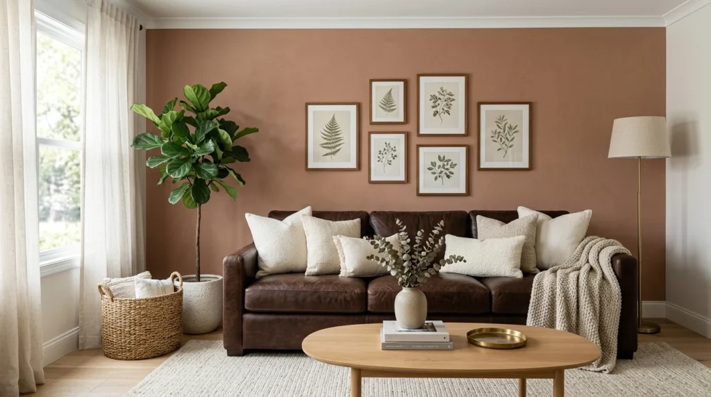 Dark brown leather couch living room with cream pillows, terracotta wall, light rug, natural wood, and warm modern decor.