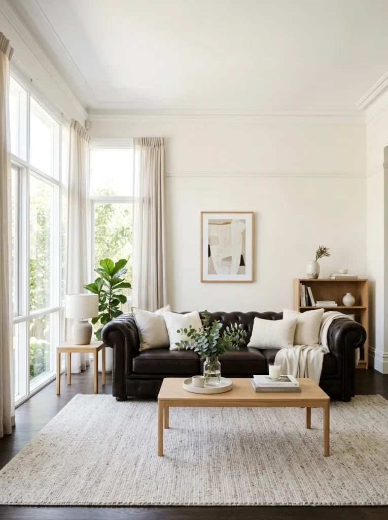 White ceiling and trim balancing dark brown upholstery in a bright living room.