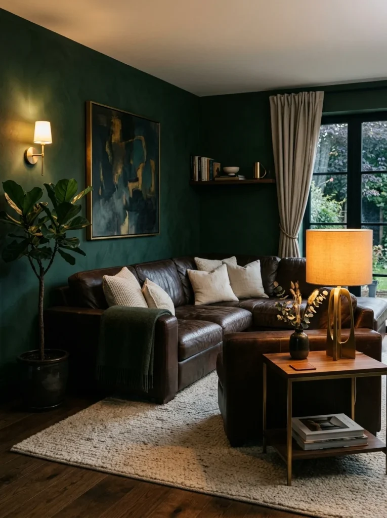 Dark brown sectional paired with a deep forest green accent wall.