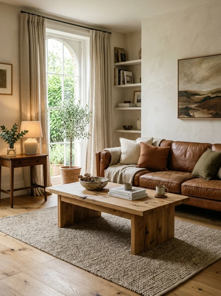 : Leather sofa paired with natural wood furniture and warm decor.