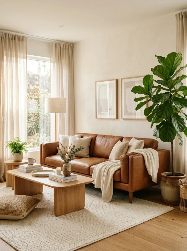 Leather sofa styled with a tall leafy indoor plant.