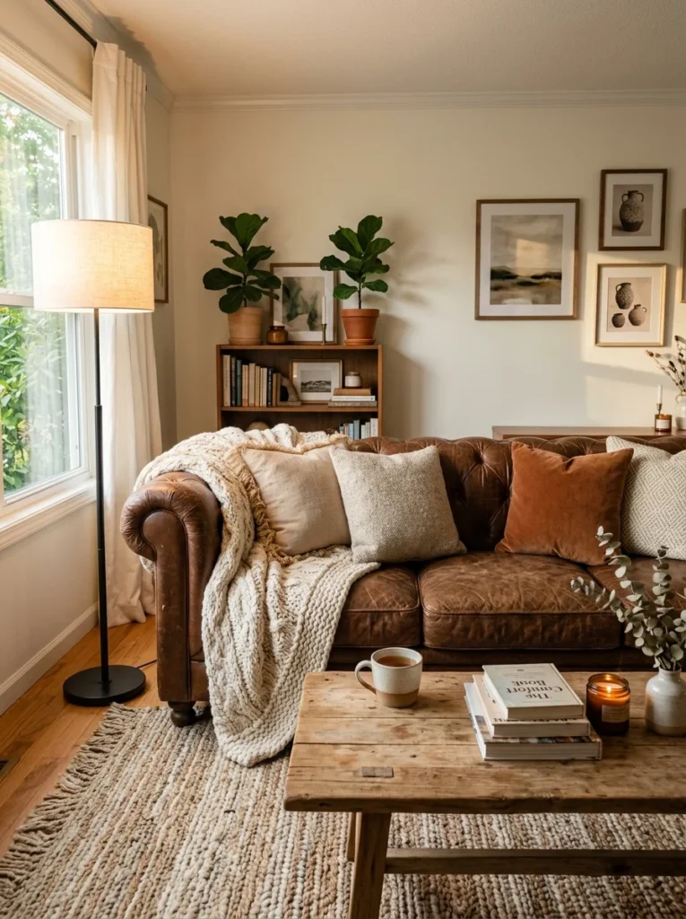 Brown leather sofa styled with a chunky cream knit throw.