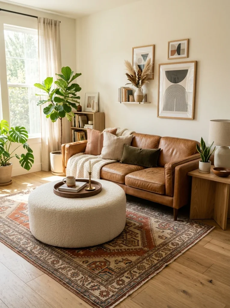 Leather sofa paired with a textured cream boucle ottoman.