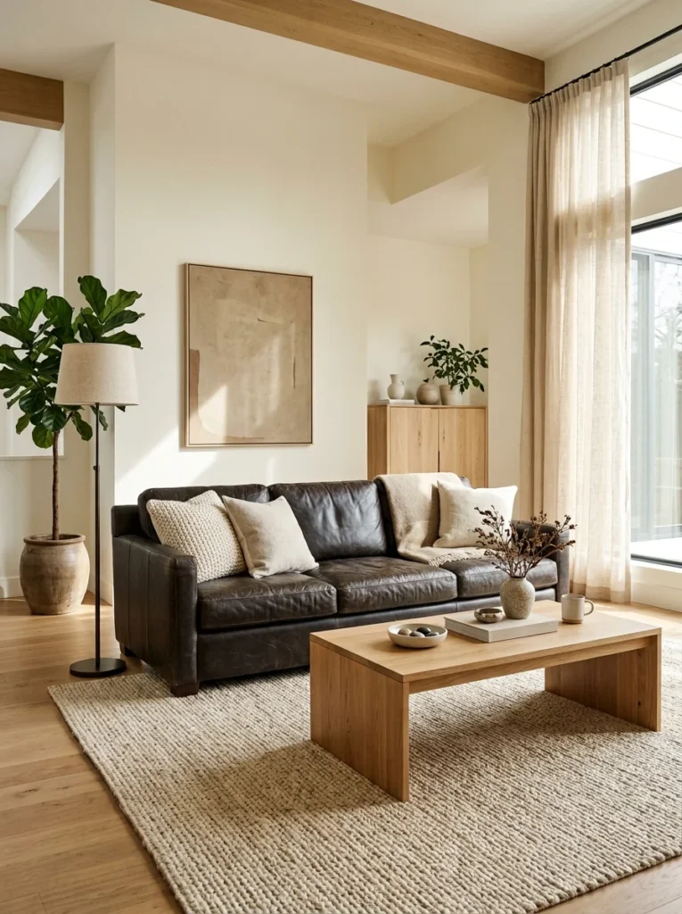 Light jute area rug balancing a dark brown leather couch.