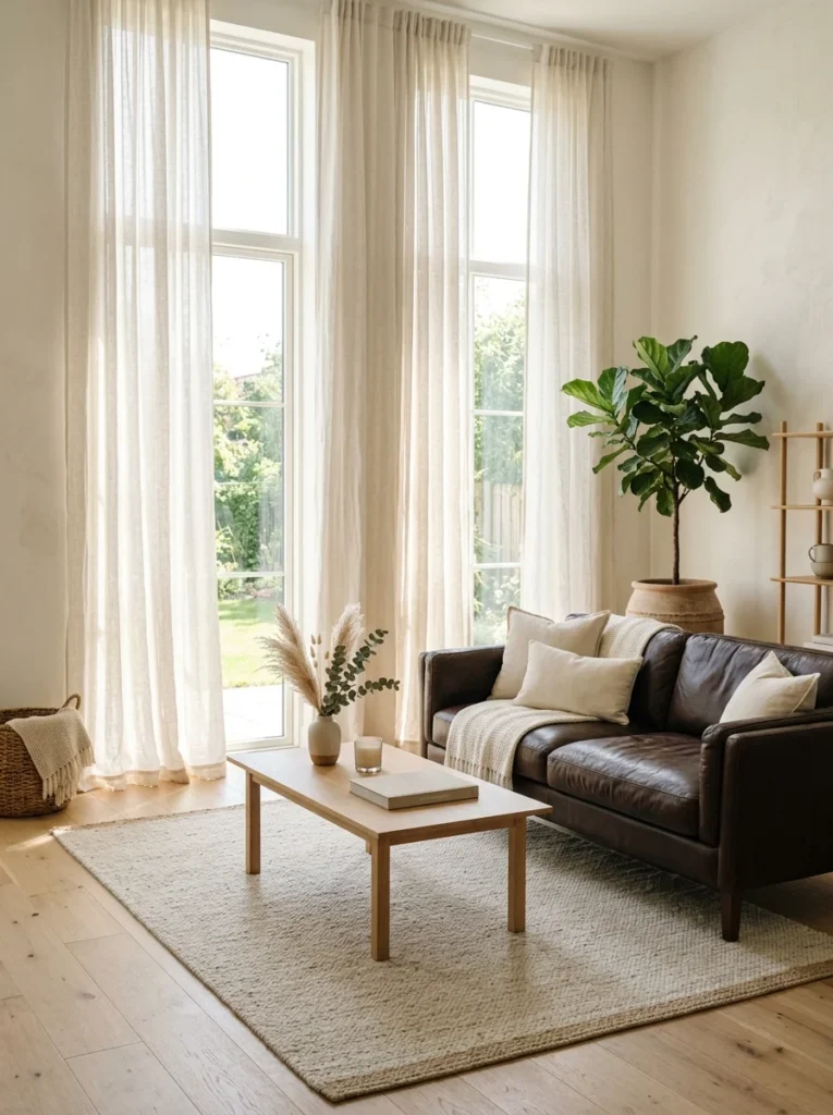 Sheer linen curtains brightening a living room with a dark brown couch.
