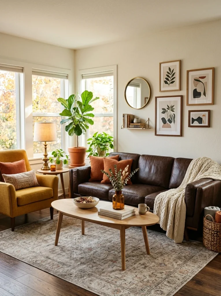 Mustard and burnt orange accents styled with a dark brown couch.