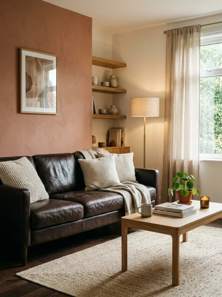 Dark brown couch paired with a warm terracotta accent wall.