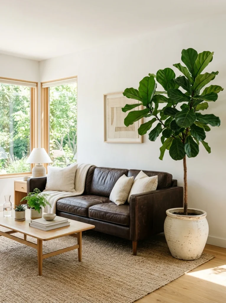 Large leafy plant adding fresh green contrast beside a dark brown couch.