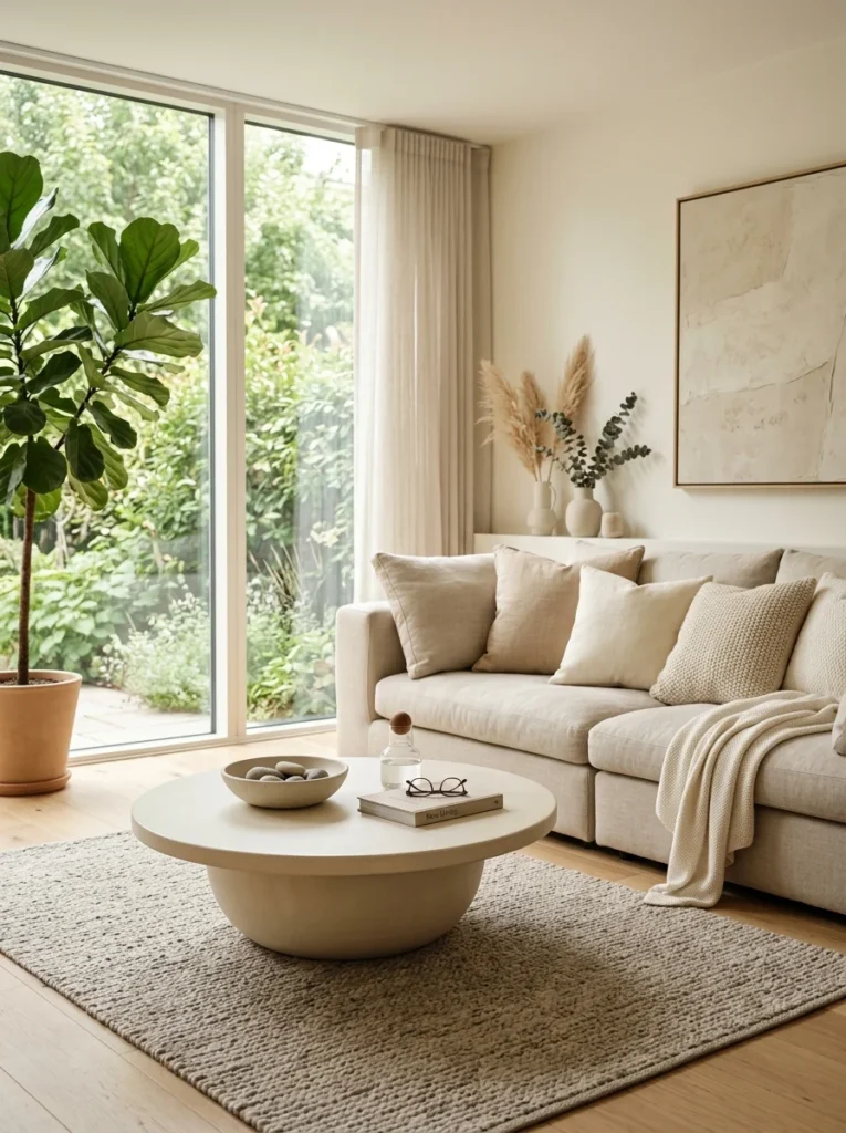 Low-profile round coffee table creating a relaxed contemporary living room.