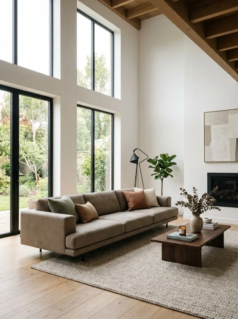 Low-profile modern sofa creating an open and spacious living room.