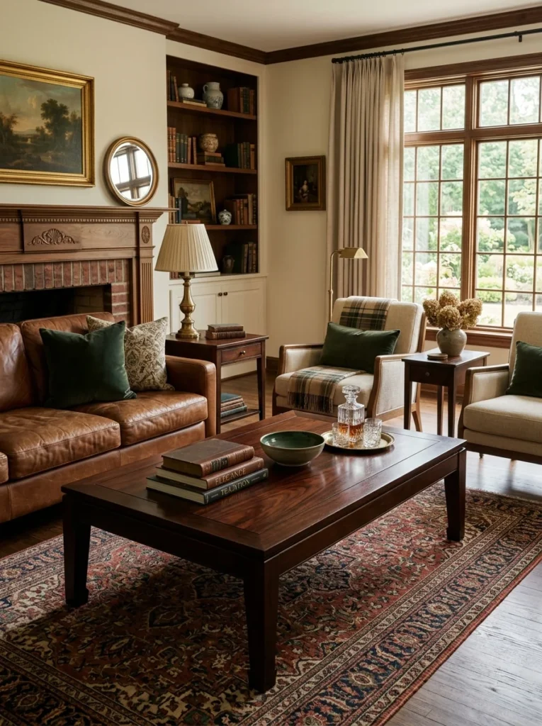 Rich mahogany coffee table and walnut furniture anchoring a classic traditional living room.