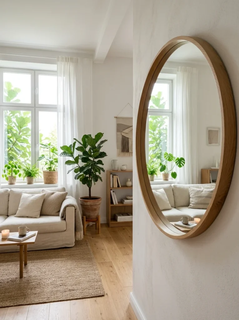 Large round mirror reflecting natural light.