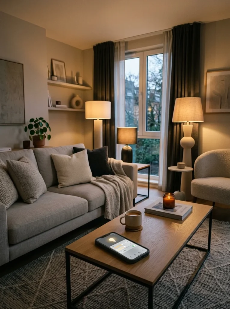 Modern living room using smart bulbs to create adjustable warm ambient lighting.
