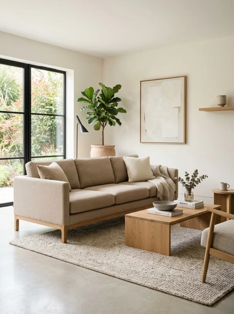 Modern sofa with slim squared arms and a clean low-profile design.