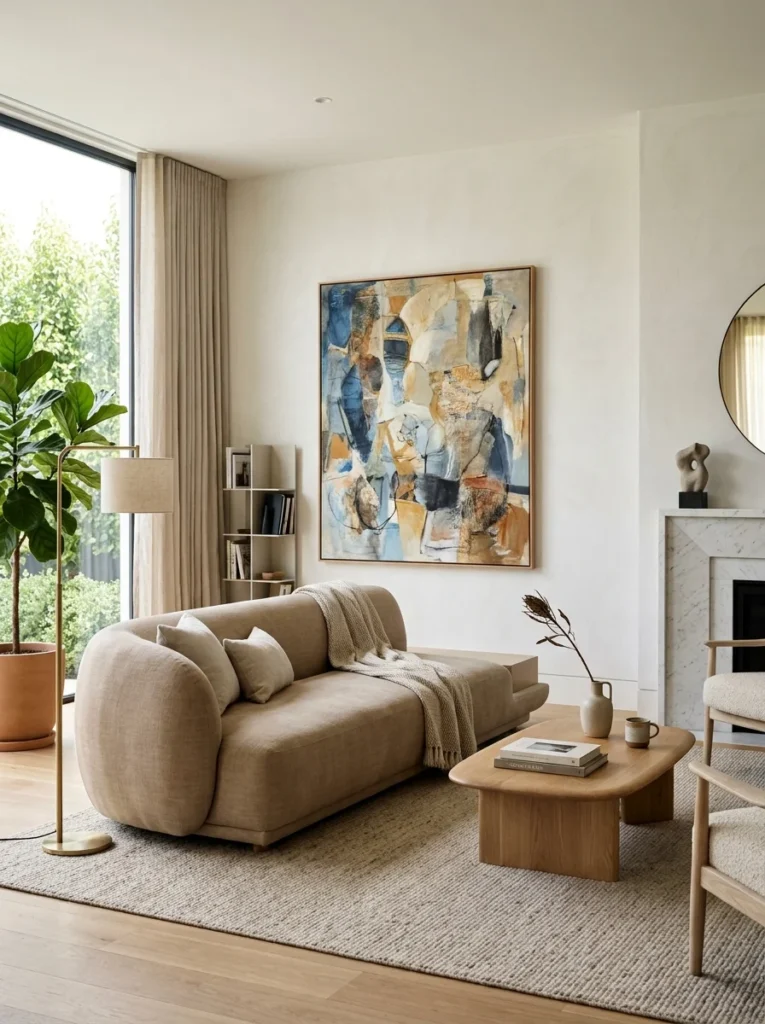 Sculptural modern sofa with subtle asymmetrical design details.