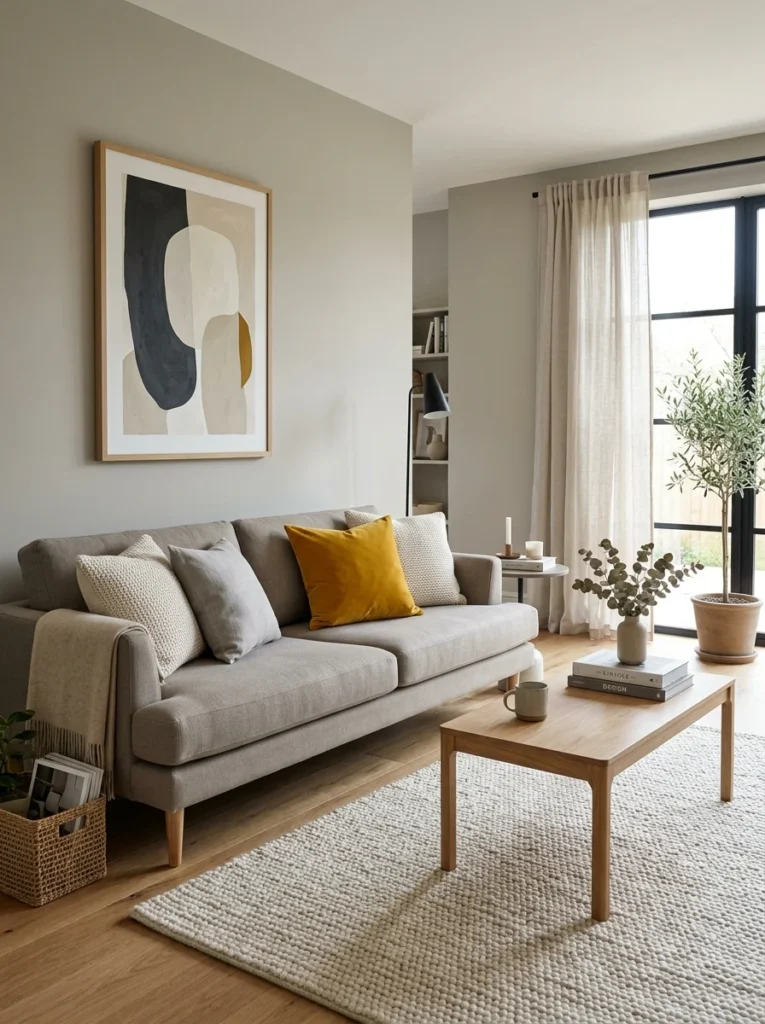 Neutral modern sofa styled with one unexpected mustard accent cushion.