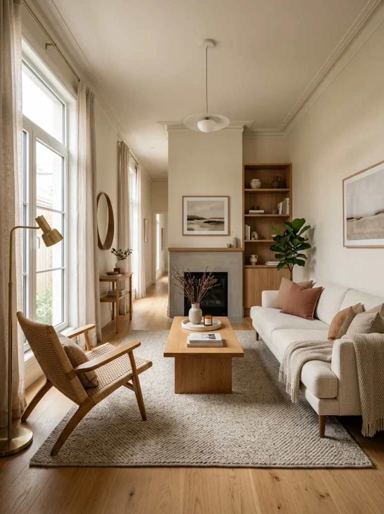 Properly scaled sofa arranged to match the proportions of a narrow living room.