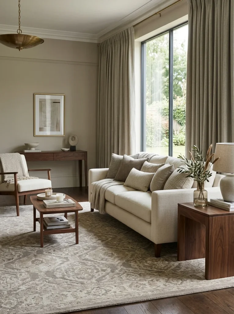 Monochromatic greige carpet in an elegant living room.
